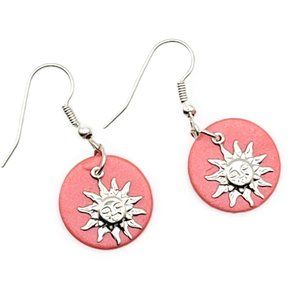 Pearlized Dark Coral Earrings with Silver Sun Charms - Handmade